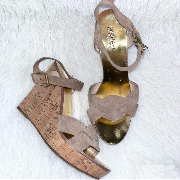 Michael Kors Shoes - MICHAEL KORS Taupe Cork Wedge Ankle Strap Sandals 8.5 M Suede Leather Designer